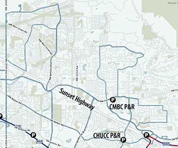 TriMet&rsquo;s latest suggestion for improving transit service in our area is to publicize the Park & Ride lots. Bus lines are in blue.