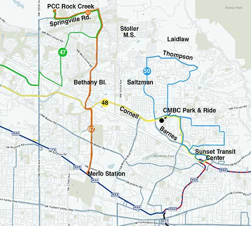 The four bus lines that serve the Cedar Mill, Bethany, and Rock Creek area (47, 48, 50, and 67) miss out on the Stoller neighborhood. The only Park and Ride is quite near the Sunset Transit Center.