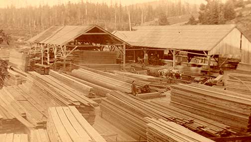 The old mill in 1883. "Linc" Young stands in the center. The road leading off
to the upper right is probably McDaniel (now 119th).