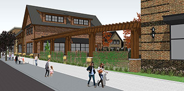 Looking northeast, the Saltzman frontage will be more welcoming without the high retaining wall. Anchor tenant "A" is on the right. A pedestrian access will be near the far building.