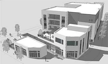 A conceptual illustration of the CPAH proposal, looking southeast. The building on Cornell is proposed to include micro-restaurants to be developed with CPAH partner Roy Kim, developer of Bethany Town Center.