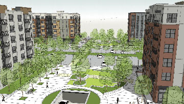 Conceptual art of the main plaza. See page 6 for the plan