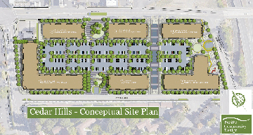 Six high-rise buildings surround parking and public spaces in the proposed design for the new development