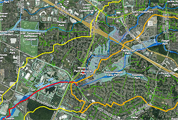 

A portion of a CWS map showing the area of the watershed prone to flooding. To view the whole map, view the News on the website and click on the link.

