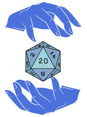 cartoon hands cradling dnd dice
