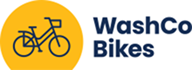 washco bikes logo featuring blue bike on yellow circle