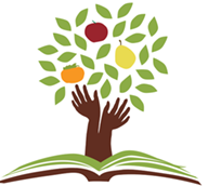 illustration of hands reaching out of book towards fruit
