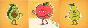 cartoon fruit making faces, throwing money