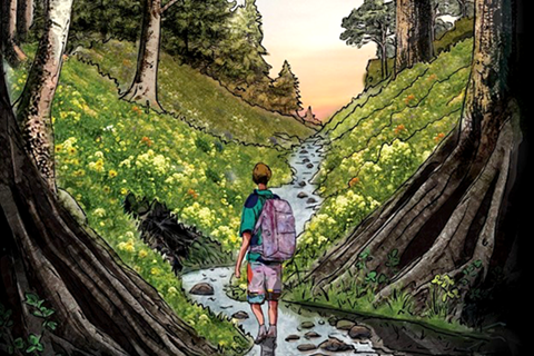 art of hiker with backback standing in creekbed