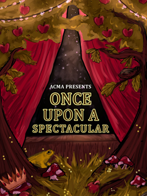once upon a spectacular poster with illustration of red curtained stage
