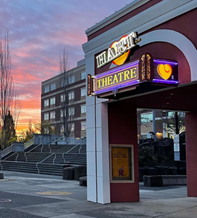 hart theater exterior seen at sunset