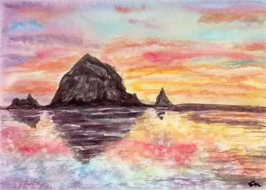 beth pansino watercolor of haystack rock