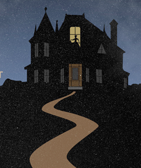 illustration of silhouette of woman in house window at night